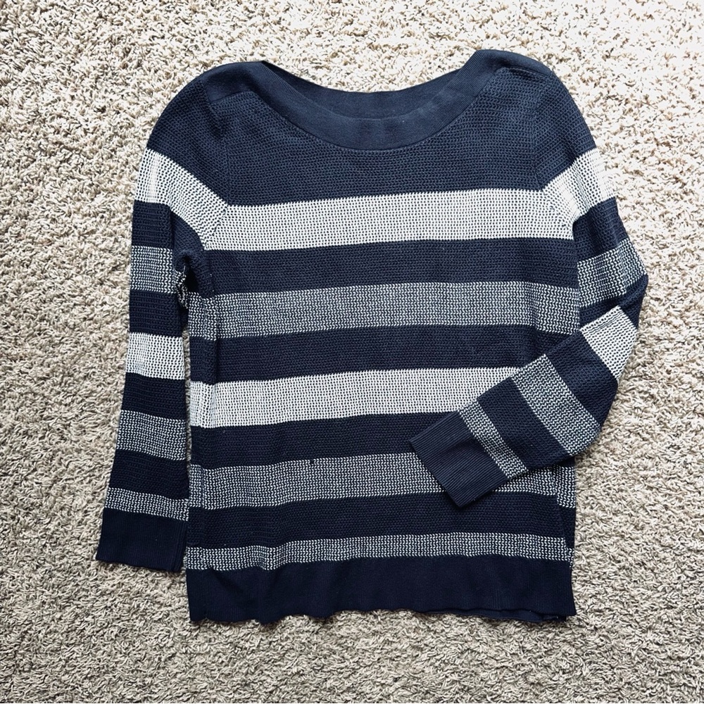 Market & Spruce Striped Navy and Cream Sweater XL Textured Knit Long Sleeve Top - Picture 2 of 6